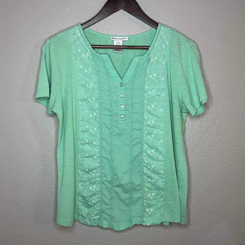 Rebecca Malone Womens Large 100% Cotton Green Floral Lace Dainty Boho Fairy Top